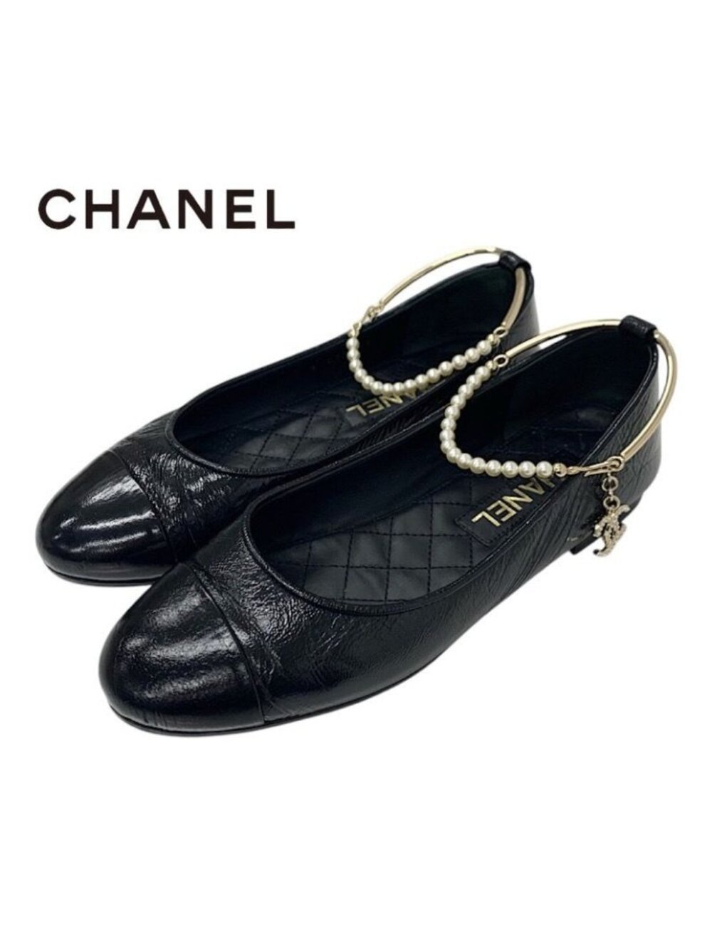 Chanel Flat Shoes Leather Black Gold Ballet Ballerina Coco Mark Pearl - Picture 1 of 10